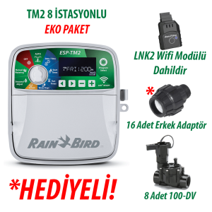 Rain Bird Dış Mekan TM2-8 İstasyonlu Kontrol Ünitesi + LNK2 WIFI Modülü + 8 Adet 100DV Vana Seti