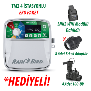 Rain Bird Dış Mekan TM2-4 İstasyonlu Kontrol Ünitesi + LNK2 WIFI Modülü + 4 Adet 100DV Vana Seti
