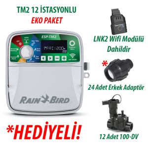 Rain Bird Dış Mekan TM2-12 İstasyonlu Kontrol Ünitesi + LNK2 WIFI Modülü + 12 Adet 100DV Vana Seti